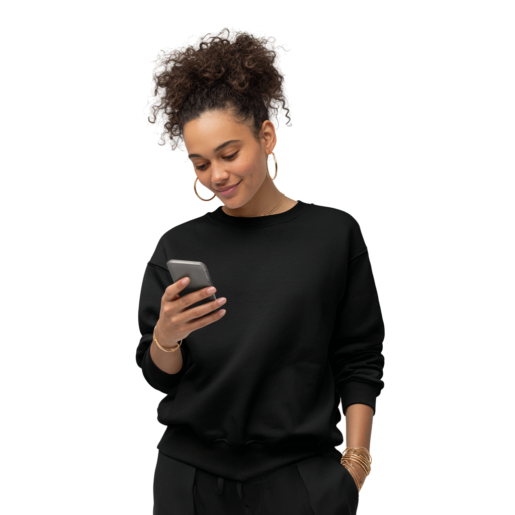 Person looking at a phone on a clean white background, used as an illustrative marketing image